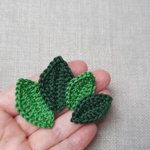 Può includere: Vengono mostrate quattro foglie verdi all'uncinetto in varie tonalità di verde. Le foglie sono cucite a mano con una trama dettagliata, che mostra l'intricato lavoro all'uncinetto. Le foglie sono disposte in un motivo naturale e organico.