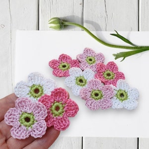 9 small crochet flowers in white pink, crocheted flowers to sew on