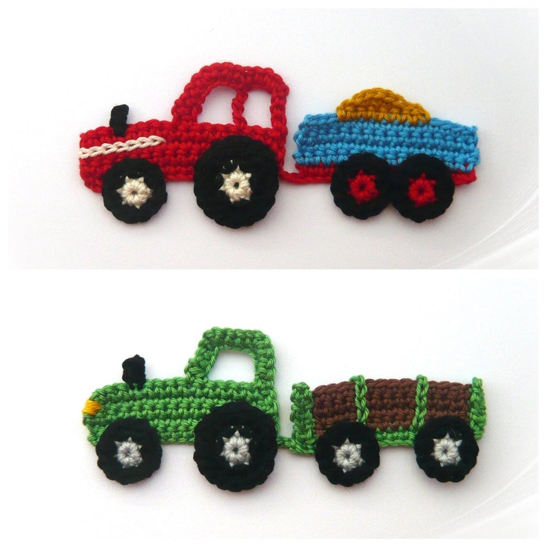 Traktor mit Anhänger Applikation, kleiner Trecker Häkelapplikation , Aufnäher für Kinder Bild 7