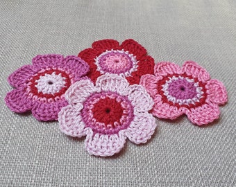 Lot de 4 fleurs au crochet dans les tons roses - fleurs au crochet en coton - fleurs au crochet à coudre