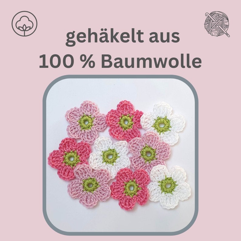 9 kleine Häkelblumen in weiss rosa , gehäkelte Blumen zum aufnähen Bild 3