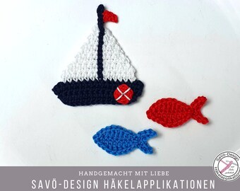Sailboat crochet application with small fish, maritime patches, applications boat ship