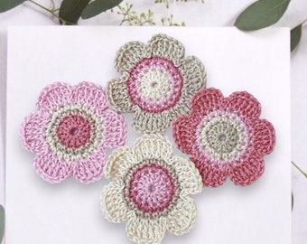 Handmade crochet flowers: set of 4 in pink-beige tones for sewing or decorating in boho style - crochet appliqués for DIY projects