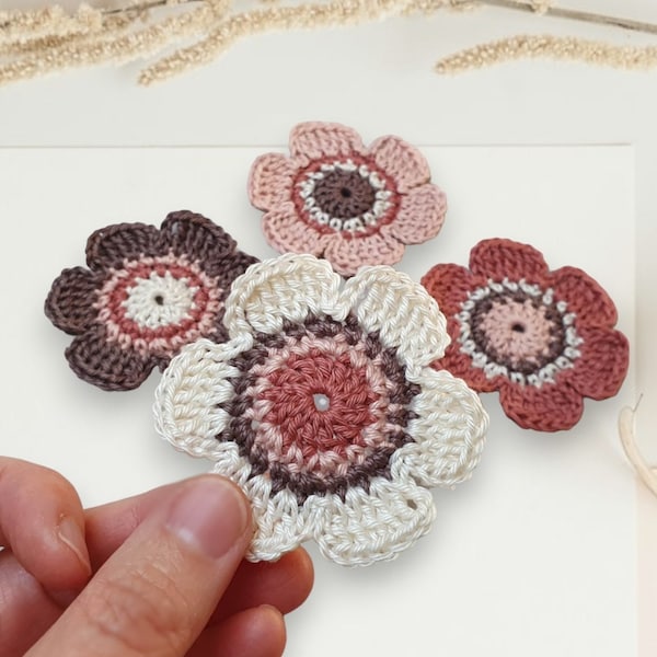 4 crocheted flowers in natural colors - crochet flowers in boho style