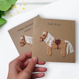 Gepersonaliseerde wenskaart met paardenmotief – verwijderbare Haflinger haakapplicatie – paardenkaart voor ruiters en paardenliefhebbers