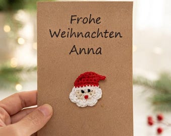 Santa Claus Christmas card with crochet appliqué – customizable, kraft paper 10.5 x 15 cm