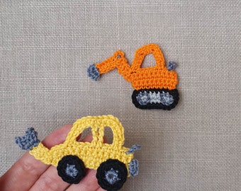 Small excavator patch, crocheted construction site applique, crocheted vehicle for children