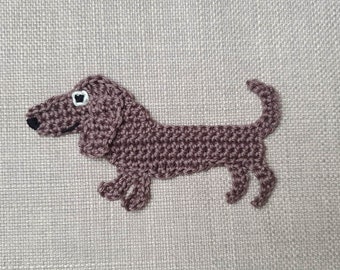 Crochet dog applique, brown dachshund crochet applique