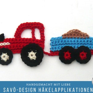 Traktor mit Anhänger Applikation, kleiner Trecker Häkelapplikation , Aufnäher für Kinder Bild 2