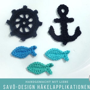 Maritime Häkelapplikationen: 5-teiliges Set mit Steuerrad, Anker und Fischen Bild 2