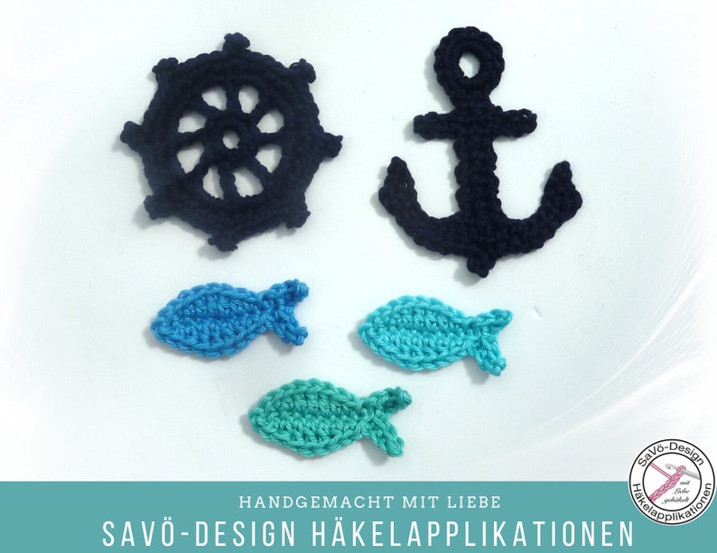 Maritime Häkelapplikationen: 5-teiliges Set mit Steuerrad, Anker und Fischen Bild 2