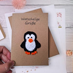 Handmade greeting card with detachable penguin patch - personalized winter greeting card