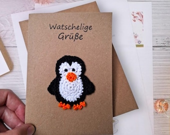 Handmade greeting card with detachable penguin patch - personalized winter greeting card