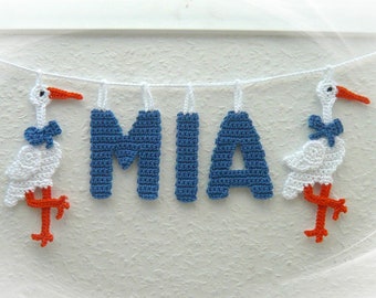 Storch Girlande mit Namen, personalisiertes Geschenk zur Geburt