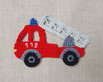 Feuerwehr Applikation, Häkelapplikation Feuerwehrauto zum aufnähen, Fahrzeug Aufnäher für Kinder