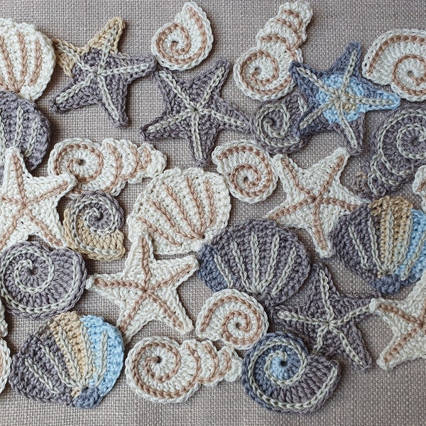 Shell set of 5 crochet appliques, crocheted shells, maritime appliques, sea beach patches