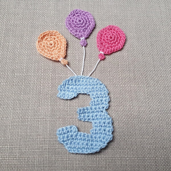Number or letters with balloons, crocheted patch, birthday application - colors selectable