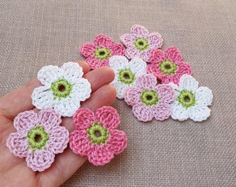 9 small crocheted flowers in white and pink, crocheted flowers for sewing on