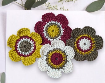 Set of 4 hand crocheted flowers in warm autumn tones - Versatile crochet flowers made from cotton