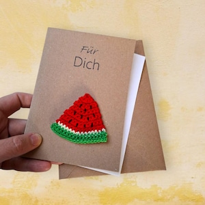 Sommerliche Glückwunschkarte mit Häkel-Melone – personalisierbar & abnehmbar