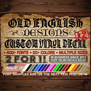 2 for 1! BOGO! Custom Vinyl Decal OLD ENGLISH Personalized Celtic Knot Cross Gaelic Script Lettering Car Truck Window Windshield Crafts Etc!