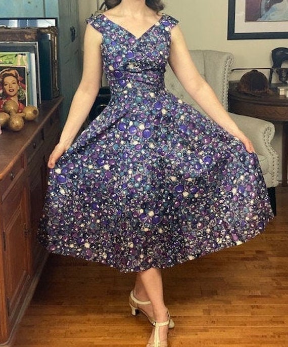 SmallMedium Vintage 60/'s Sleeveless Blue /& Green Saturated Cabbage Rose Floral Dress with Bubble Hem Skirt and Big Waist Bow by Rosenfeld