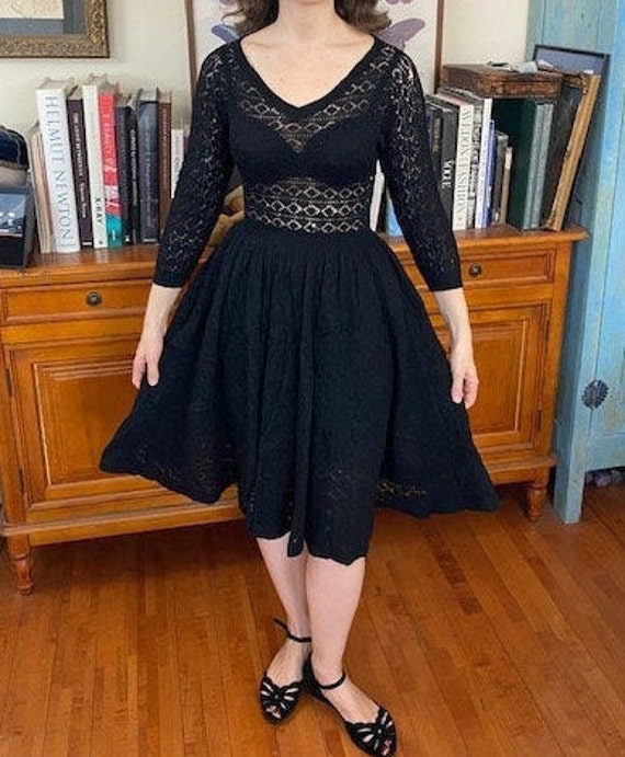 Vintage 50s/60s Black sweater dress w/full skirt W