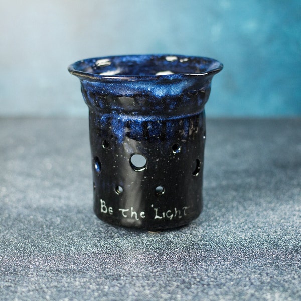 Blue to black ceramic tart wax burner, warmer, Cosmic galaxy starry night tart warmer, Tea light candle holder