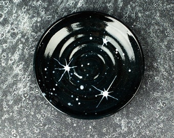 Ceramic whisker fatigue cat bowl, Kitty treat dish, Dark starry cat bowl, Cat lover gift, Shallow low wall starry cat dish, RTS 4.5-5"