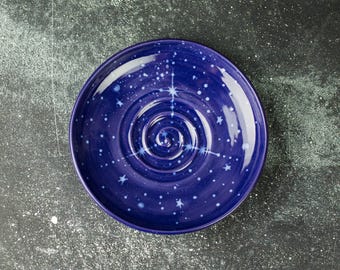 Ceramic Whisker Fatigue Cat Bowl: Cosmic  Purple Starry Kitty Dish