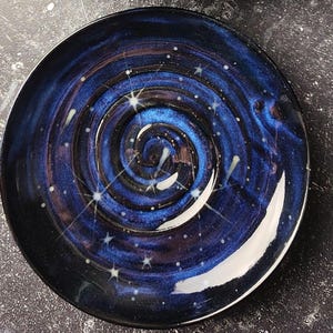 Ceramic Whisker Fatigue Cat Bowl: Hand-Glazed Cosmic Blue with Stars Galaxy Dish, MTO
