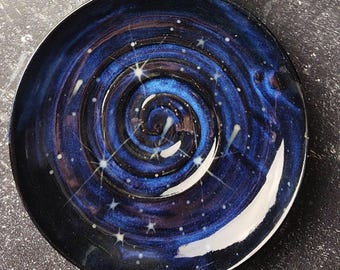 Ceramic Whisker Fatigue Cat Bowl: Hand-Glazed Cosmic Blue with Stars Galaxy Dish, MTO
