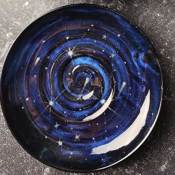 Ceramic Whisker Fatigue Cat Bowl: Hand-Glazed Cosmic Blue with Stars Galaxy Dish, MTO