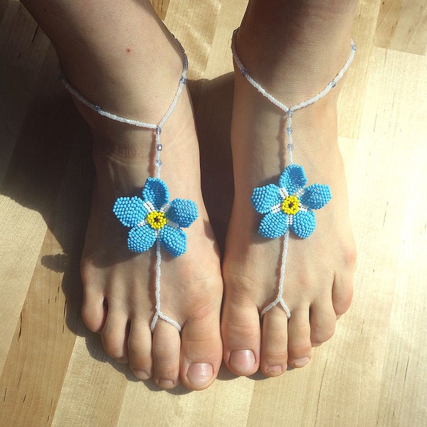 Forgetmenot Beaded Barefoot Sandals, Barefoot Sandals, Beach Wedding Barefoot Sandal, Blue Flower Barefoot Shoes, Women Barefoot Sandals