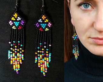Black Native American Style Dangle Bead Earrings, Native American Style Bead Earring, Native American Style Big Earring