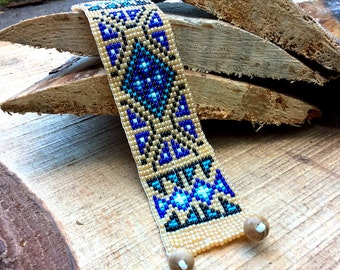Cherokee Style Blue Old Patterns Native America Style Bead Bracelet, Bead Loom Bracelet, Native America Style Jewelry, Loom Bead Cuff