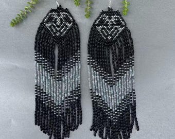 Black and Grey Native America Inspired Beaded Earrings, Native American Style Bead Earring, American Style Big Earring,Big Earrings