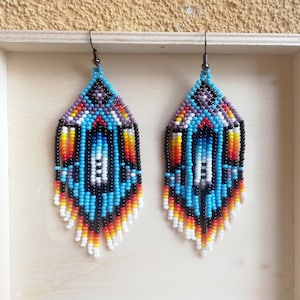 Cherokee Style Native America Inspired Beaded Earrings, Native America Style Bead Earring, American Style Big Earring, Native Style Jewelry