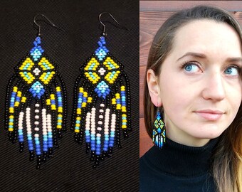 Blue & Yellow Native America Style Bead Earring, Native America Style Bead Jewelry, Native America Style Jewelry, Brick Stitch Bead Earrings