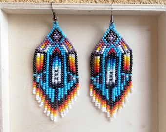 Cherokee Style Native America Inspired Beaded Earrings, Native America Style Bead Earring, American Style Big Earring, Native Style Jewelry