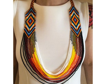Stunning Fire Native American Bead Necklace Inspired, Bead Loom Necklace, Indian Style Loom Bead Jewelry, Native America Style Bead Necklace