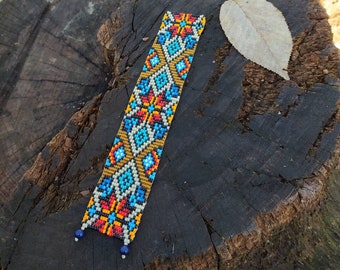 Old Ukraine Mountain Folks Bead Bracelet, Hutsul Style Brown Beaded Bracelet, Bead Loom Cuff Bracelet, Unisex Native America Style Jewelry