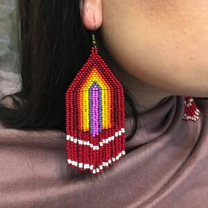 Red Native American Style Dangle Bead Earrings, Native American Style Bead Earring, Native American Style Big Earring