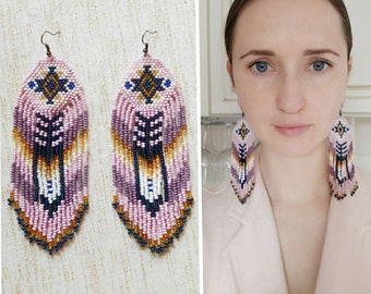 Lavender Apache Feather Native America Inspired Beaded Earrings, Native American Style Bead Earring, American Style Big Earring,Big Earrings
