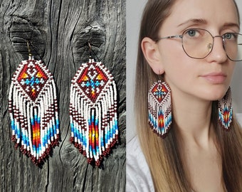 Sand Colored Old Tribes Native America Inspired Beaded Earrings, Native American Style Bead Dangle Drop Earring, American Style Jewellery
