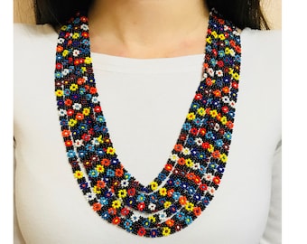 Colorful & Black Flower-Power Beaded Daisy-Chain Necklace, Thin Beaded Flower Necklace, Native America Style Jewelry, Handmade Bead Necklace