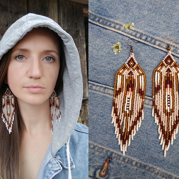 Cherokee Style Tribal Design Beaded Earrings, Native America Style Bead Earring, Dangle & Drop Big Earrings, Southwestern Style Jewelry