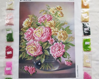 DIY Seed Bead Embroidery Picture Set "Peonies in a Vase", Kit for Glass Beads Stitching, Craft Supplies for Kids and Adults, Mothersday Gift