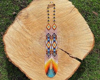 Sand Colored Indian Inspired Bead Necklace, Native America Style Bead Loom Necklace, Loom Bead Long Necklace, Colorful Bead Jewelry