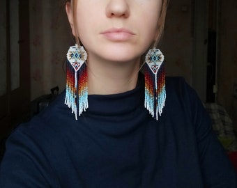 Blue & Brown Native America Style Bead Earring, Long Beaded Native American Earrings, Indian Bead Jewelry, Big Dangle Earrings Jewelry